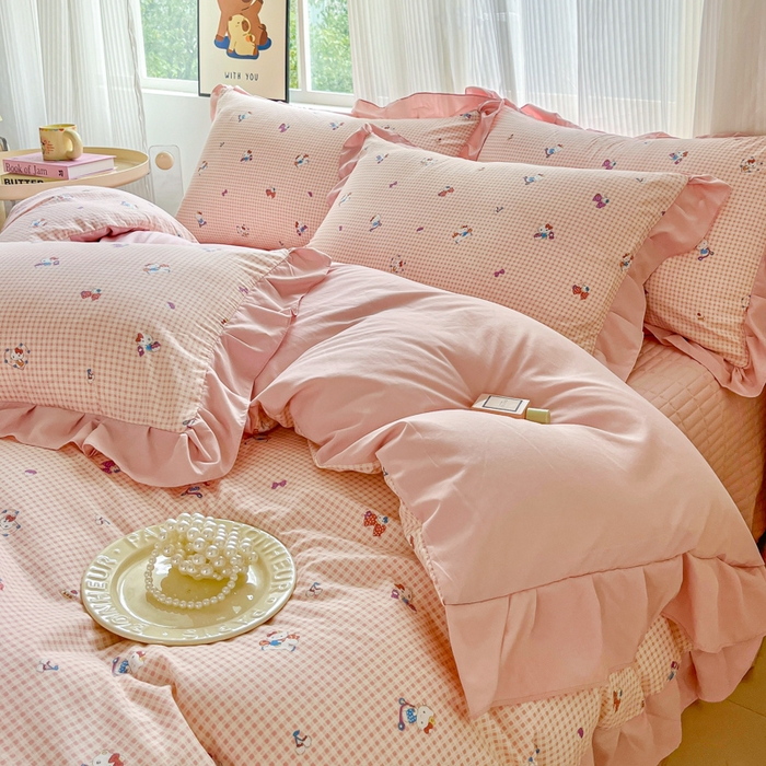 91家纺网 家纺一手货源 找家纺 斯卡诺家纺 2026新款韩版花边古法水洗仿棉床盖四件套花边床单四件套 凯蒂猫-韩版花边