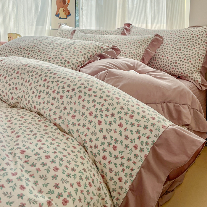 91家纺网 家纺一手货源 找家纺 斯卡诺家纺 2026新款韩版花边古法水洗仿棉床盖四件套花边床单四件套 小苍兰-韩版花边