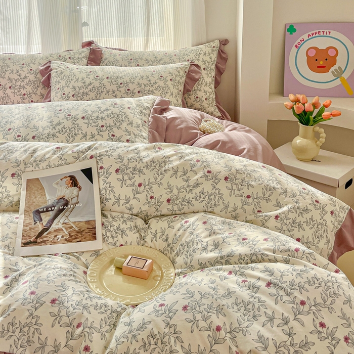 91家纺网 家纺一手货源 找家纺 斯卡诺家纺 2026新款韩版花边古法水洗仿棉床盖四件套花边床单四件套 满园春色-韩版花边