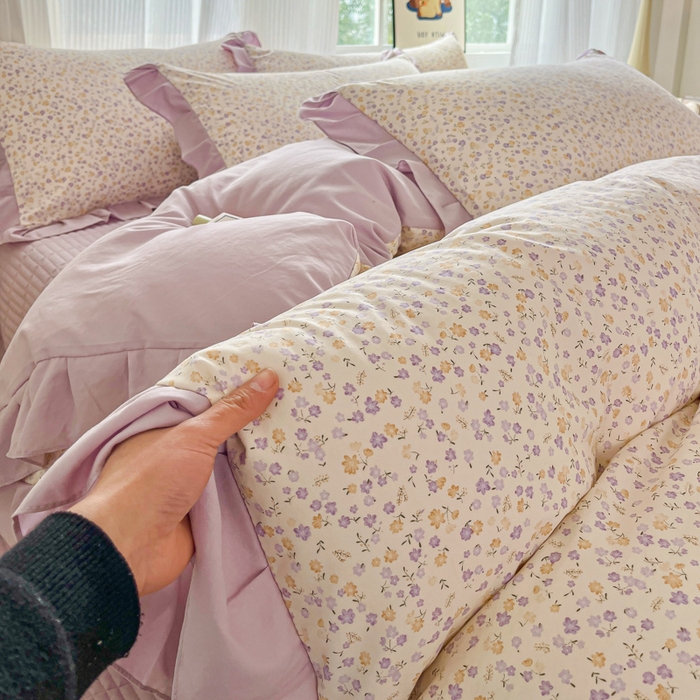 91家纺网 家纺一手货源 找家纺 斯卡诺家纺 2026新款韩版花边古法水洗仿棉床盖四件套花边床单四件套 花千朵-韩版花边