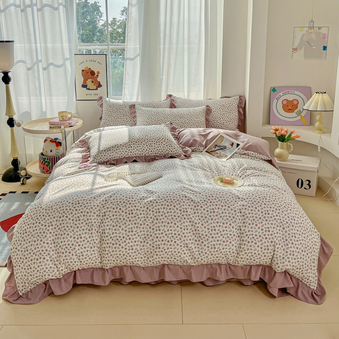 91家纺网 家纺一手货源 找家纺 斯卡诺家纺 2026新款韩版花边古法水洗仿棉床盖四件套花边床单四件套 小苍兰-韩版花边