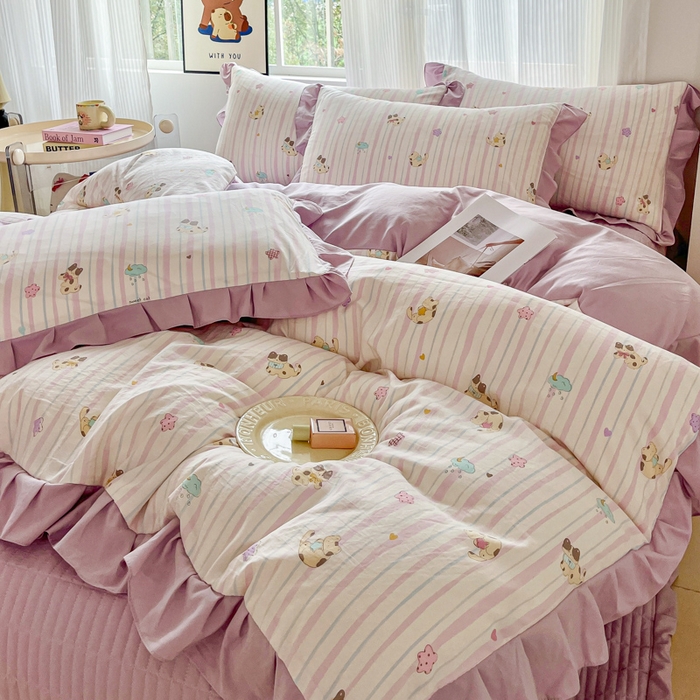 91家纺网 家纺一手货源 找家纺 斯卡诺家纺 2026新款韩版花边古法水洗仿棉床盖四件套花边床单四件套 喵星人-韩版花边