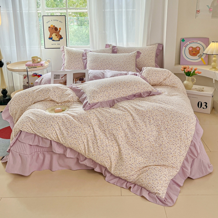 91家纺网 家纺一手货源 找家纺 斯卡诺家纺 2026新款韩版花边古法水洗仿棉床盖四件套花边床单四件套 花千朵-韩版花边