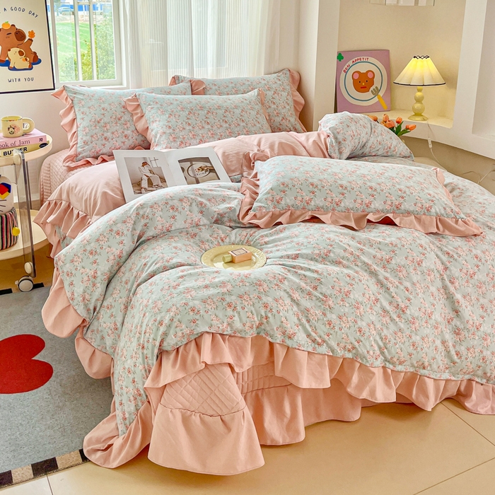 91家纺网 家纺一手货源 找家纺 斯卡诺家纺 2026新款韩版花边古法水洗仿棉床盖四件套花边床单四件套 盛夏花开-韩版花边