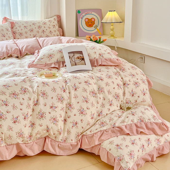 91家纺网 家纺一手货源 找家纺 斯卡诺家纺 2026新款韩版花边古法水洗仿棉床盖四件套花边床单四件套 红粉佳人-韩版花边