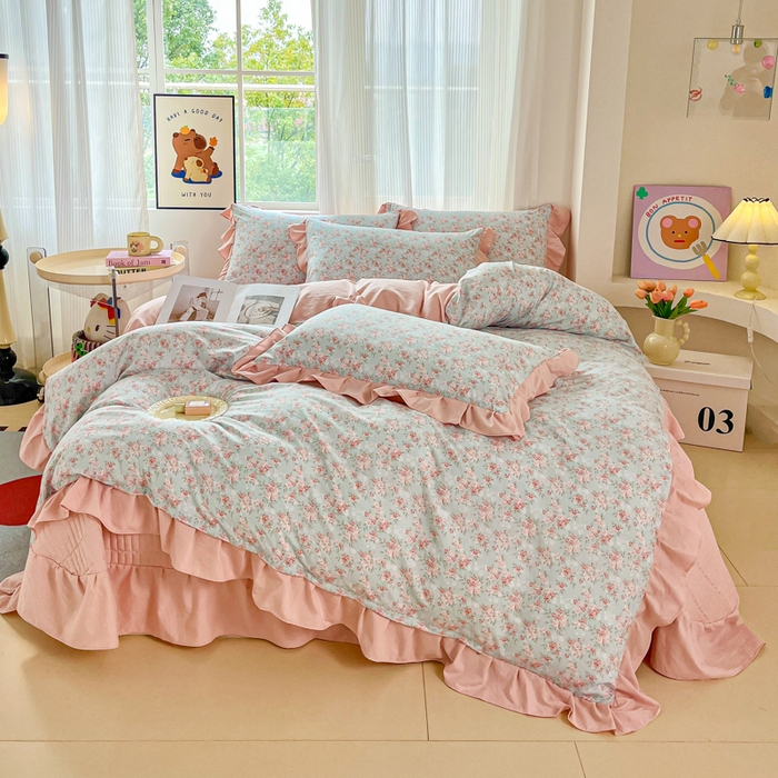 91家纺网 家纺一手货源 找家纺 斯卡诺家纺 2026新款韩版花边古法水洗仿棉床盖四件套花边床单四件套 盛夏花开-韩版花边