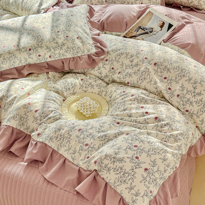91家纺网 家纺一手货源 找家纺 斯卡诺家纺 2026新款韩版花边古法水洗仿棉床盖四件套花边床单四件套 满园春色-韩版花边
