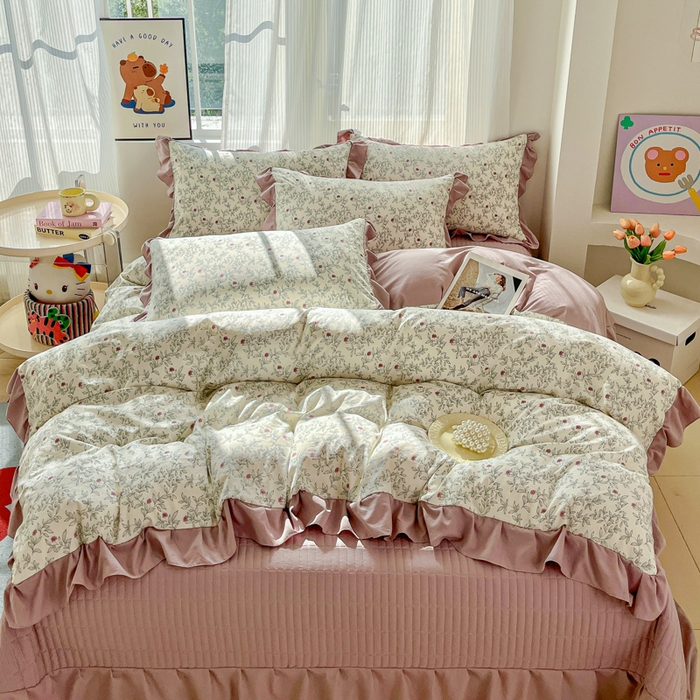 91家纺网 家纺一手货源 找家纺 斯卡诺家纺 2026新款韩版花边古法水洗仿棉床盖四件套花边床单四件套 满园春色-韩版花边