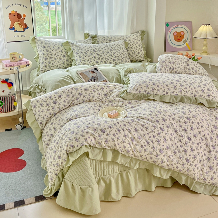 91家纺网 家纺一手货源 找家纺 斯卡诺家纺 2026新款韩版花边古法水洗仿棉床盖四件套花边床单四件套 觅时光-韩版花边