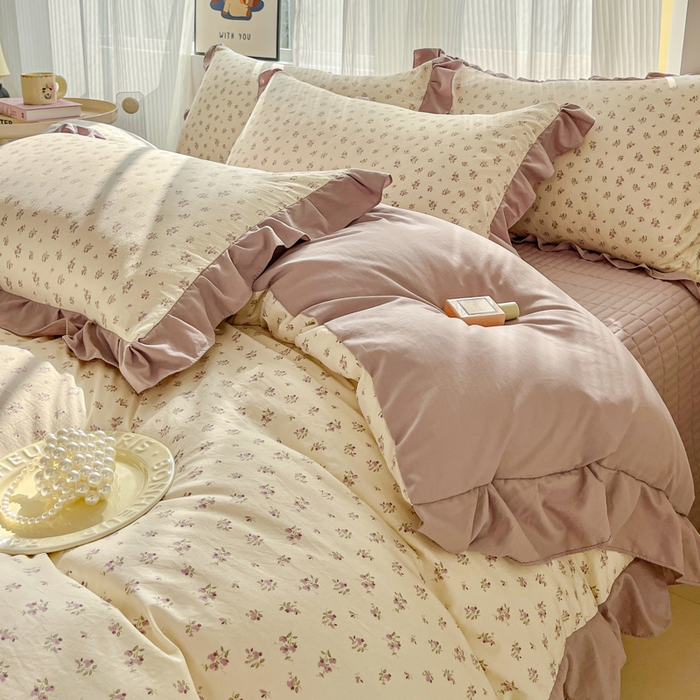 91家纺网 家纺一手货源 找家纺 斯卡诺家纺 2026新款韩版花边古法水洗仿棉床盖四件套花边床单四件套 小夜曲紫-韩版花边