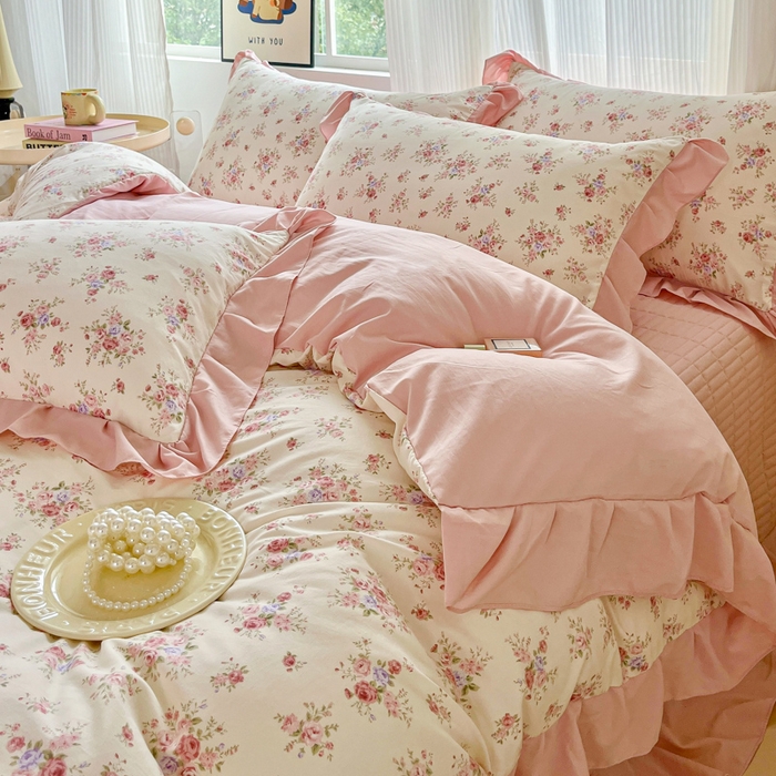 91家纺网 家纺一手货源 找家纺 斯卡诺家纺 2026新款韩版花边古法水洗仿棉床盖四件套花边床单四件套 红粉佳人-韩版花边