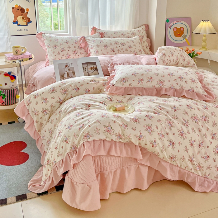 91家纺网 家纺一手货源 找家纺 斯卡诺家纺 2026新款韩版花边古法水洗仿棉床盖四件套花边床单四件套 红粉佳人-韩版花边