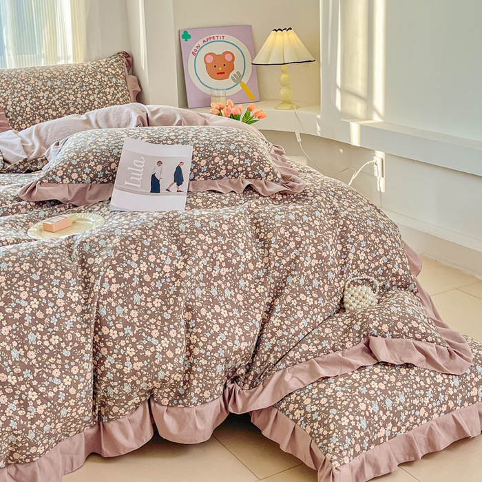 91家纺网 家纺一手货源 找家纺 斯卡诺家纺 2026新款韩版花边古法水洗仿棉床盖四件套花边床单四件套 漫野-韩版花边