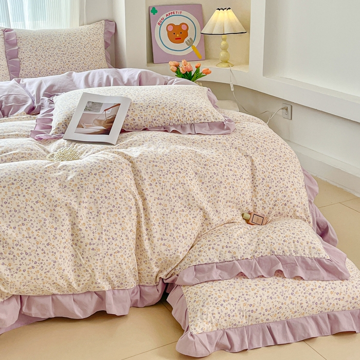 91家纺网 家纺一手货源 找家纺 斯卡诺家纺 2026新款韩版花边古法水洗仿棉床盖四件套花边床单四件套 花千朵-韩版花边