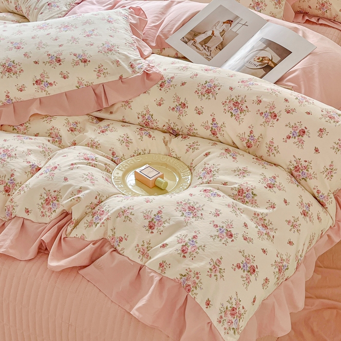 91家纺网 家纺一手货源 找家纺 斯卡诺家纺 2026新款韩版花边古法水洗仿棉床盖四件套花边床单四件套 红粉佳人-韩版花边