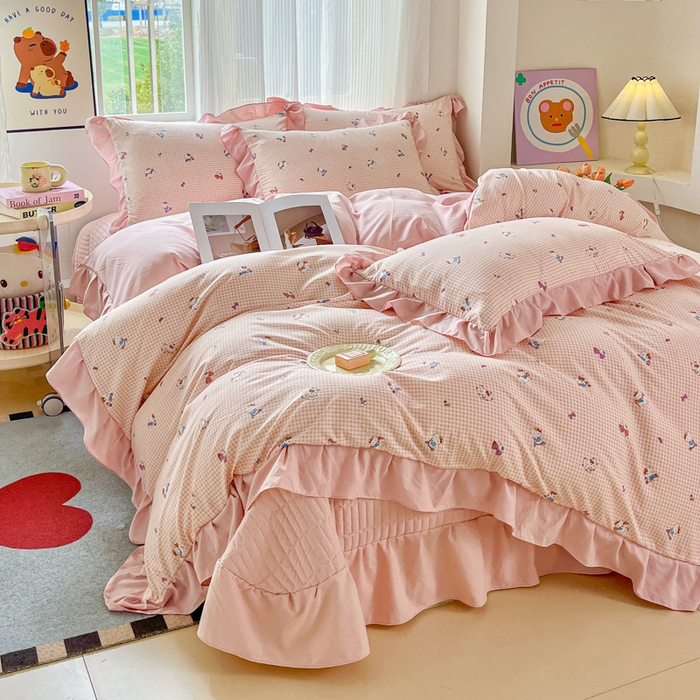 91家纺网 家纺一手货源 找家纺 斯卡诺家纺 2026新款韩版花边古法水洗仿棉床盖四件套花边床单四件套 凯蒂猫-韩版花边