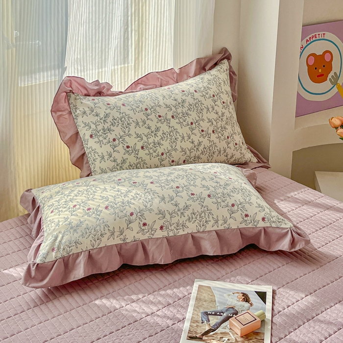 91家纺网 家纺一手货源 找家纺 斯卡诺家纺 2026新款韩版花边古法水洗仿棉床盖四件套花边床单四件套 满园春色-韩版花边