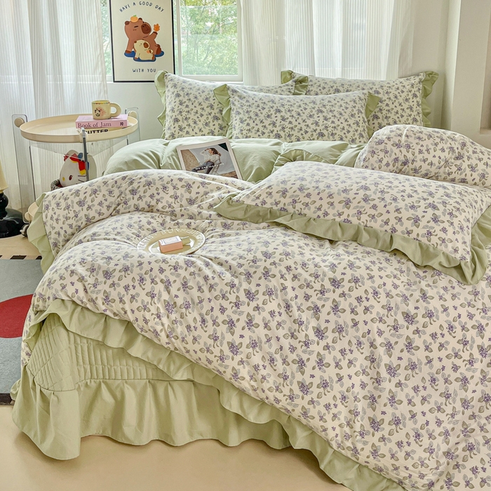 91家纺网 家纺一手货源 找家纺 斯卡诺家纺 2026新款韩版花边古法水洗仿棉床盖四件套花边床单四件套 觅时光-韩版花边