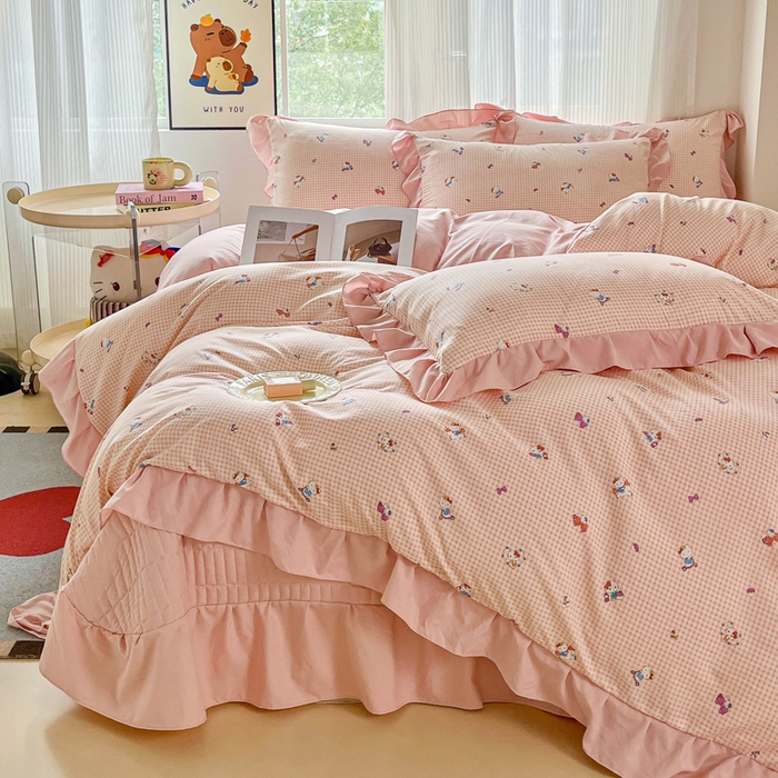 91家纺网 家纺一手货源 找家纺 斯卡诺家纺 2026新款韩版花边古法水洗仿棉床盖四件套花边床单四件套 凯蒂猫-韩版花边