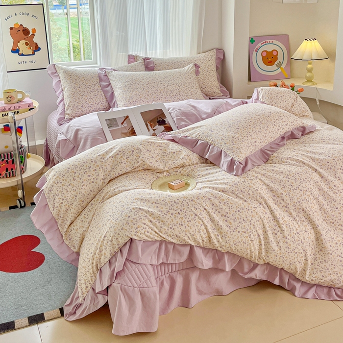 91家纺网 家纺一手货源 找家纺 斯卡诺家纺 2026新款韩版花边古法水洗仿棉床盖四件套花边床单四件套 花千朵-韩版花边