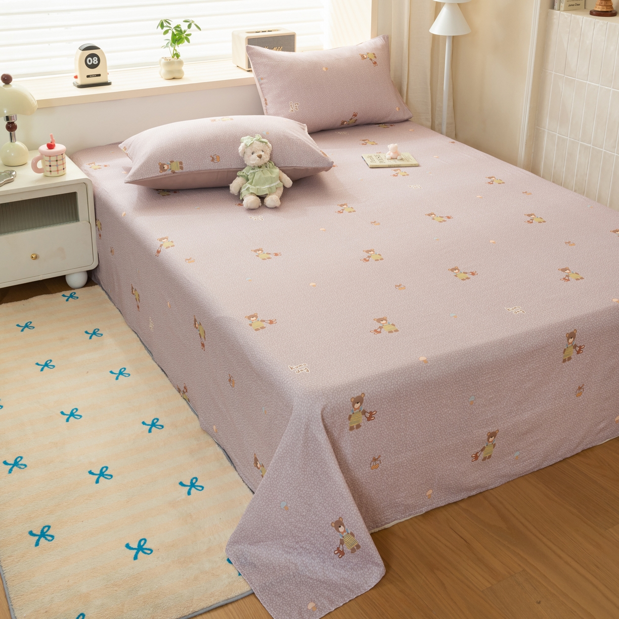 91家纺网 家纺一手货源 找家纺 雯雨家纺 2026新款全棉有氧双层纱床单 全棉双层纱床单-朱迪熊