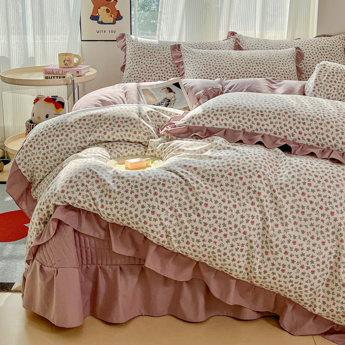 91家纺网 家纺一手货源 找家纺 斯卡诺家纺 2026新款韩版花边古法水洗仿棉床盖四件套花边床单四件套 小苍兰-韩版花边