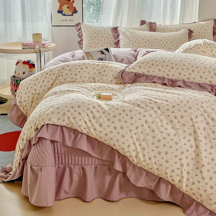 91家纺网 家纺一手货源 找家纺 斯卡诺家纺 2026新款韩版花边古法水洗仿棉床盖四件套花边床单四件套 小夜曲紫-韩版花边