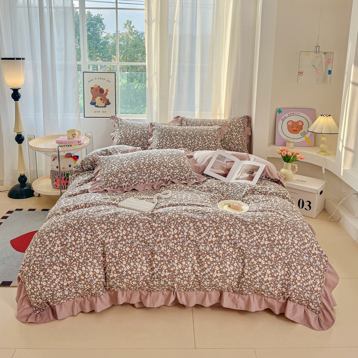 91家纺网 家纺一手货源 找家纺 斯卡诺家纺 2026新款韩版花边古法水洗仿棉床盖四件套花边床单四件套 漫野-韩版花边