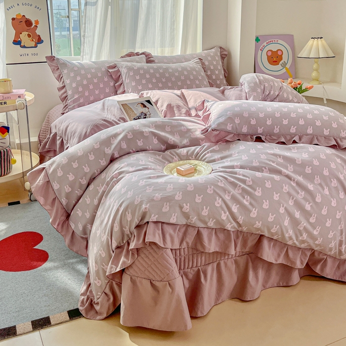 91家纺网 家纺一手货源 找家纺 斯卡诺家纺 2026新款韩版花边古法水洗仿棉床盖四件套花边床单四件套 兔小姐-韩版花边