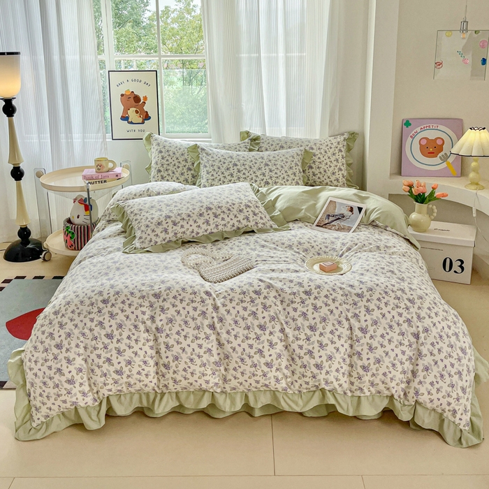 91家纺网 家纺一手货源 找家纺 斯卡诺家纺 2026新款韩版花边古法水洗仿棉床盖四件套花边床单四件套 觅时光-韩版花边