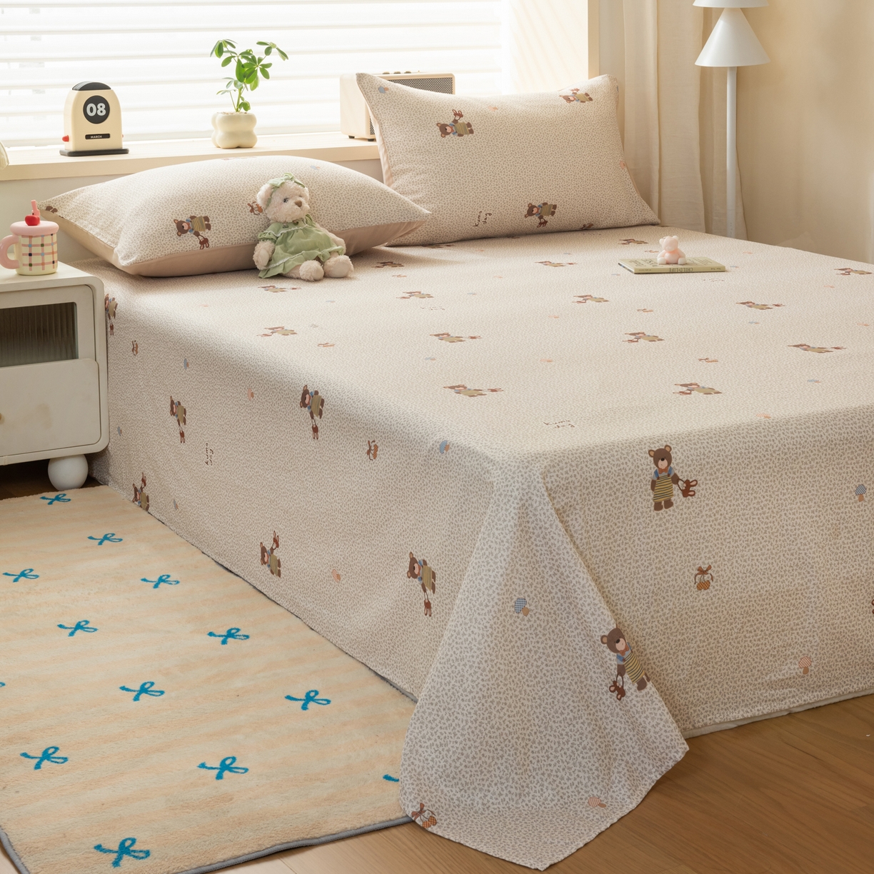 91家纺网 家纺一手货源 找家纺 雯雨家纺 2026新款全棉有氧双层纱床单 全棉双层纱床单-朱迪熊-米