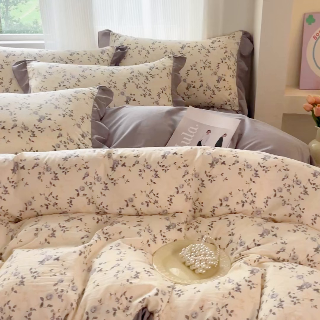 91家纺网 家纺一手货源 找家纺 斯卡诺家纺 2026新款韩版花边古法水洗仿棉床盖四件套花边床单四件套 南枝-韩版花边