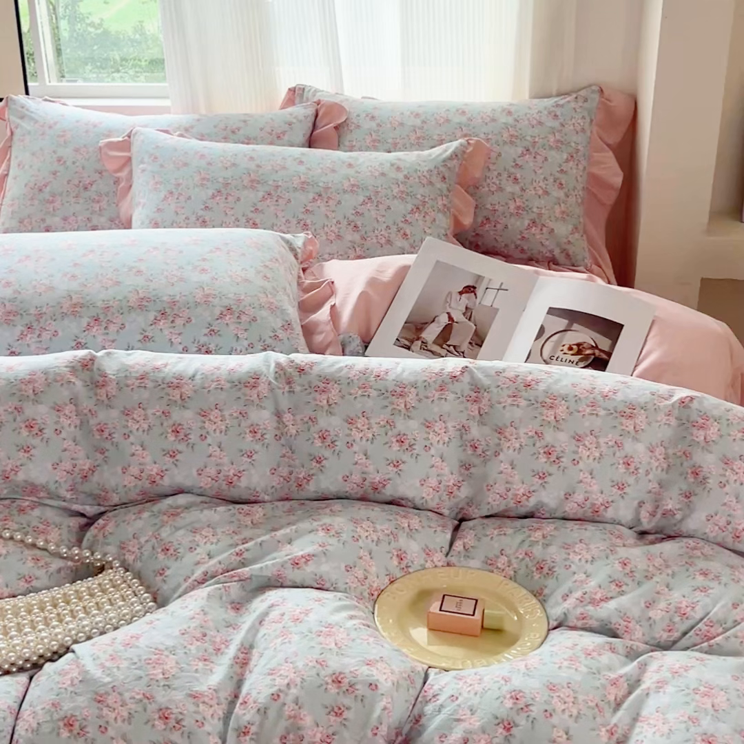 91家纺网 家纺一手货源 找家纺 斯卡诺家纺 2026新款韩版花边古法水洗仿棉床盖四件套花边床单四件套 盛夏花开-韩版花边