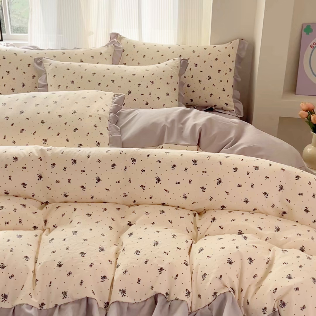 91家纺网 家纺一手货源 找家纺 斯卡诺家纺 2026新款韩版花边古法水洗仿棉床盖四件套花边床单四件套 慕兮-韩版花边