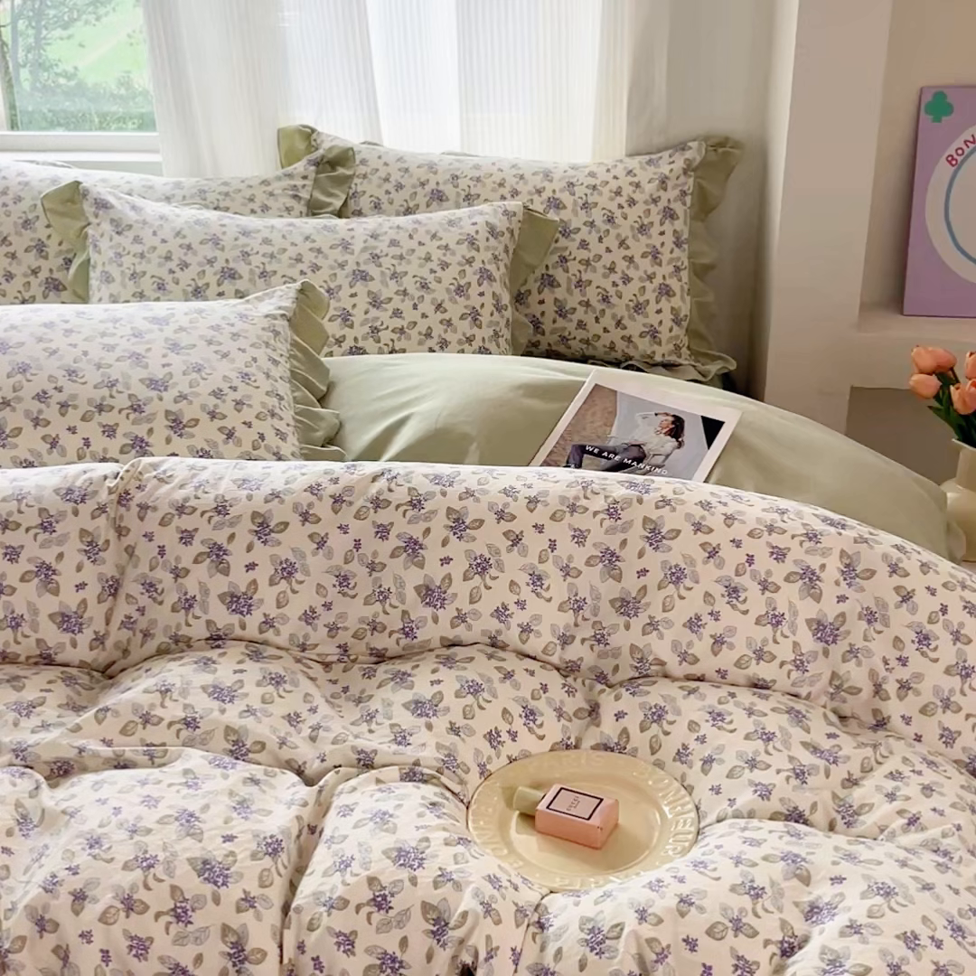 91家纺网 家纺一手货源 找家纺 斯卡诺家纺 2026新款韩版花边古法水洗仿棉床盖四件套花边床单四件套 觅时光-韩版花边