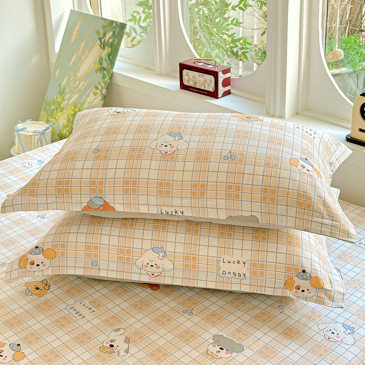 91家纺网 家纺一手货源 找家纺 恩泽家纺 2026春夏新款全棉纯棉12868印花四件套及单品系列-单枕套枕套单件 甜心汪·咖