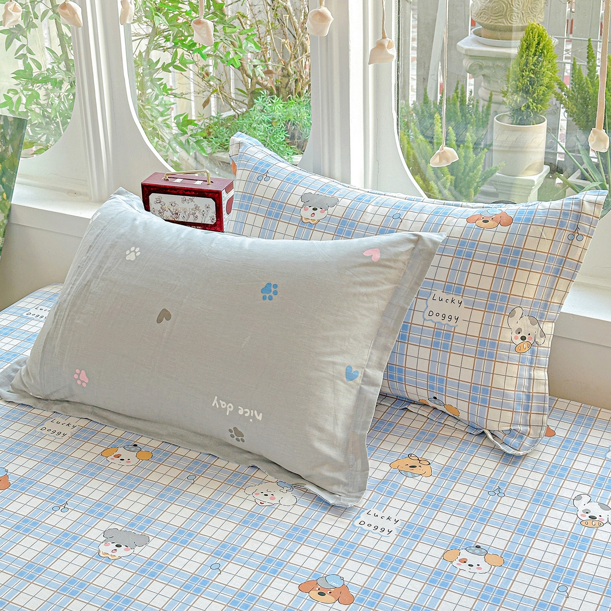 91家纺网 家纺一手货源 找家纺 恩泽家纺 2026春夏新款全棉纯棉12868印花四件套及单品系列-单枕套枕套单件 甜心汪·蓝