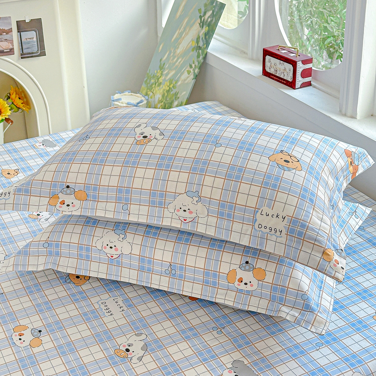 91家纺网 家纺一手货源 找家纺 恩泽家纺 2026春夏新款全棉纯棉12868印花四件套及单品系列-单枕套枕套单件 甜心汪·蓝