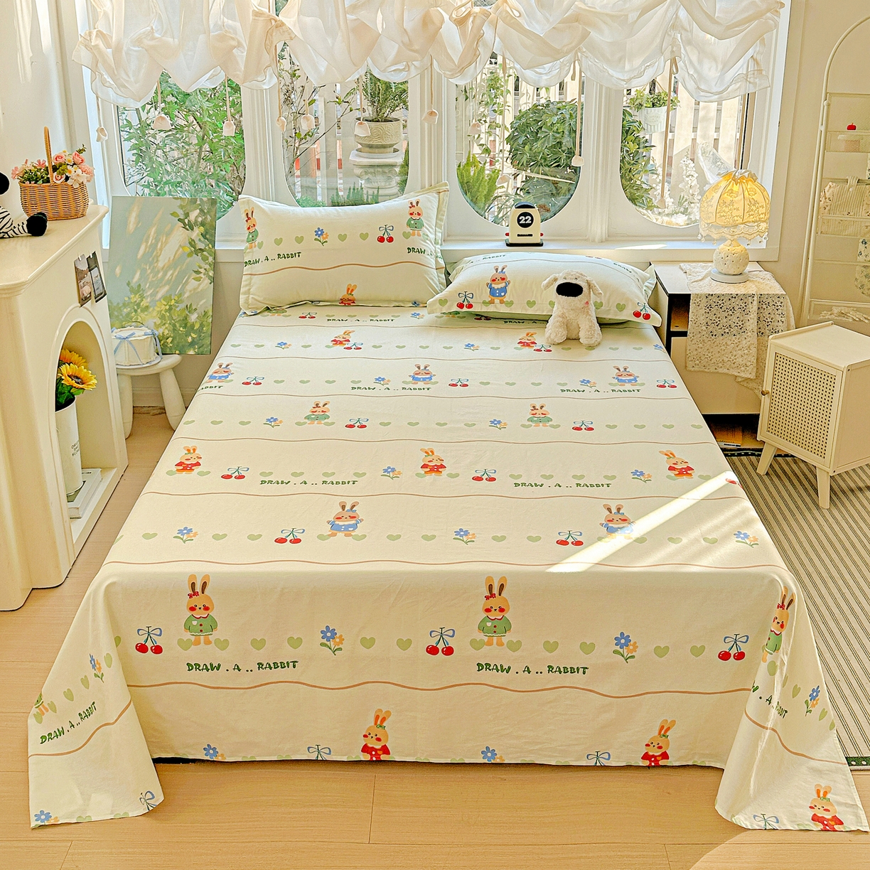 恩泽家纺 2026春夏新款全棉纯棉12868印花四件套及单品系列-单床单床单单件 樱桃兔