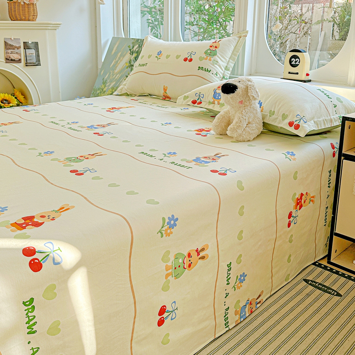 91家纺网 家纺一手货源 找家纺 恩泽家纺 2026春夏新款全棉纯棉12868印花四件套及单品系列-单床单床单单件 樱桃兔