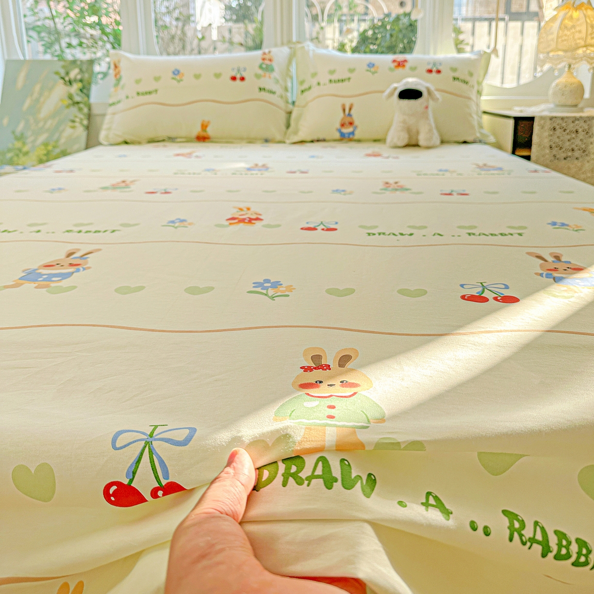 91家纺网 家纺一手货源 找家纺 恩泽家纺 2026春夏新款全棉纯棉12868印花四件套及单品系列-单床单床单单件 樱桃兔