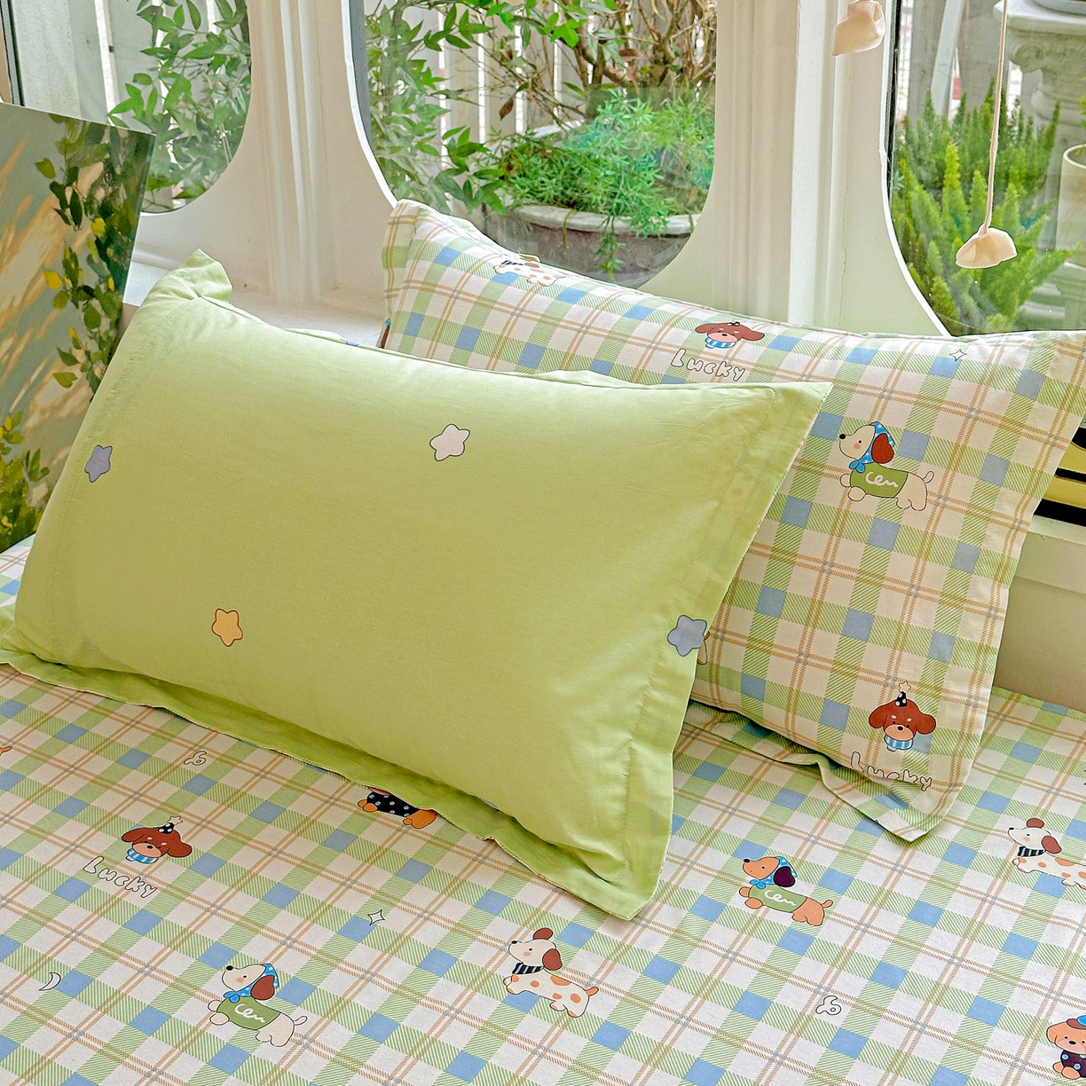 91家纺网 家纺一手货源 找家纺 恩泽家纺 2026春夏新款全棉纯棉12868印花四件套及单品系列-单枕套枕套单件 小狗乐乐