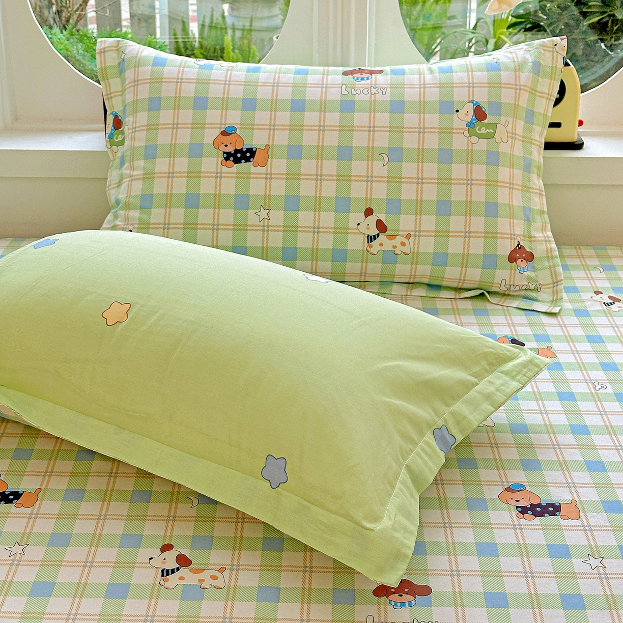 91家纺网 家纺一手货源 找家纺 恩泽家纺 2026春夏新款全棉纯棉12868印花四件套及单品系列-单枕套枕套单件 小狗乐乐