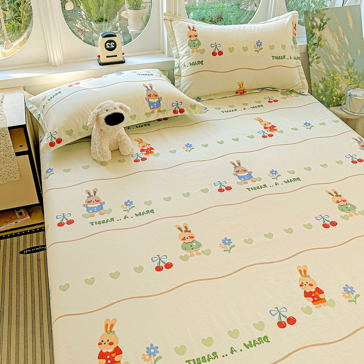 91家纺网 家纺一手货源 找家纺 恩泽家纺 2026春夏新款全棉纯棉12868印花四件套及单品系列-单床单床单单件 樱桃兔