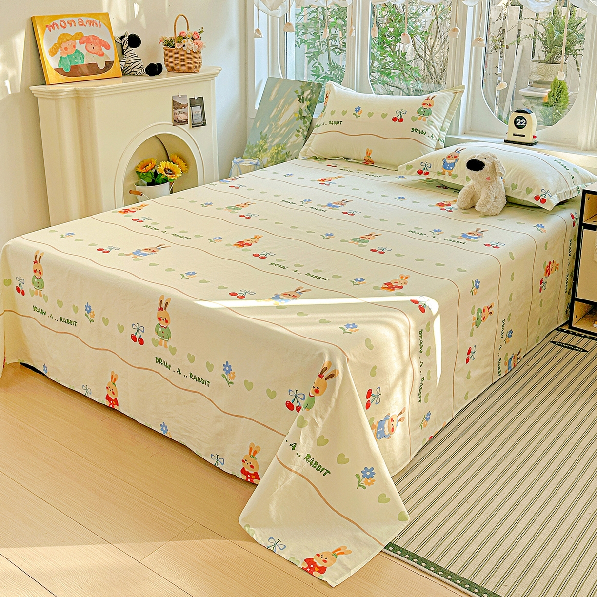 91家纺网 家纺一手货源 找家纺 恩泽家纺 2026春夏新款全棉纯棉12868印花四件套及单品系列-单床单床单单件 樱桃兔