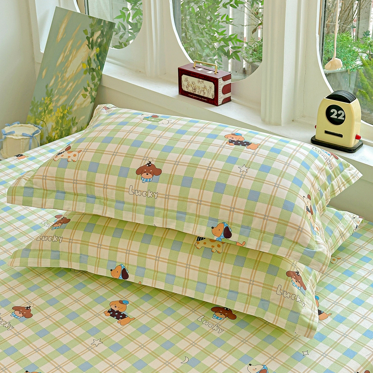 91家纺网 家纺一手货源 找家纺 恩泽家纺 2026春夏新款全棉纯棉12868印花四件套及单品系列-单枕套枕套单件 小狗乐乐