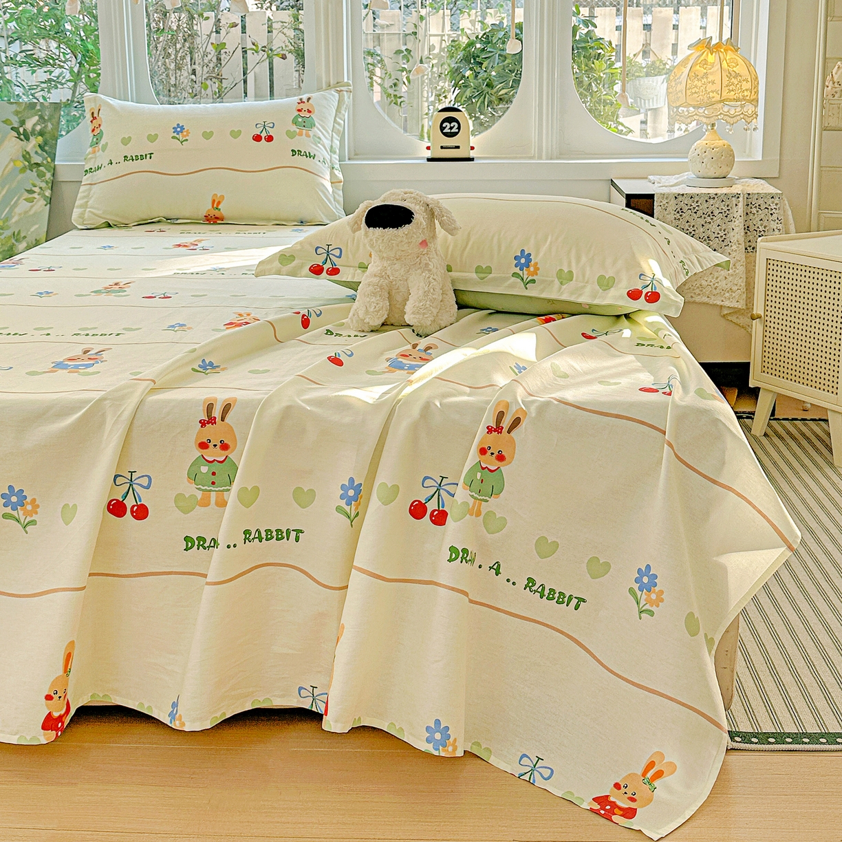 91家纺网 家纺一手货源 找家纺 恩泽家纺 2026春夏新款全棉纯棉12868印花四件套及单品系列-单床单床单单件 樱桃兔