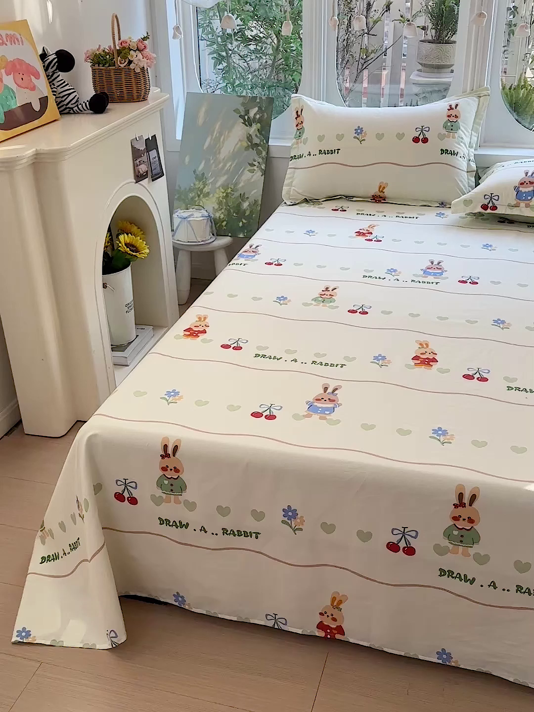 91家纺网 家纺一手货源 找家纺 恩泽家纺 2026春夏新款全棉纯棉12868印花四件套及单品系列-单床单床单单件 樱桃兔