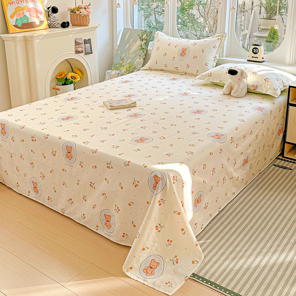 91家纺网 家纺一手货源 找家纺 恩泽家纺 2026春夏新款全棉纯棉12868印花四件套及单品系列-单床单床单单件 樱桃小熊