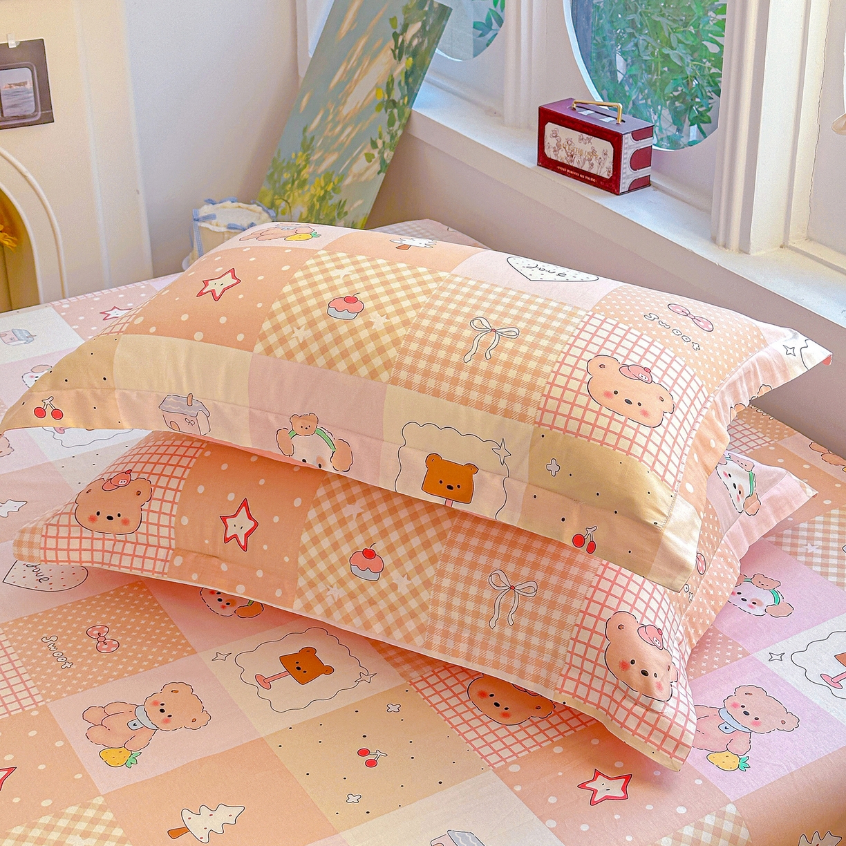 91家纺网 家纺一手货源 找家纺 恩泽家纺 2026春夏新款全棉纯棉12868印花四件套及单品系列-单枕套枕套单件 小熊布丁